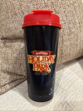 Six Flags Holiday in the Park Travel Tumbler — Black with Red Lid